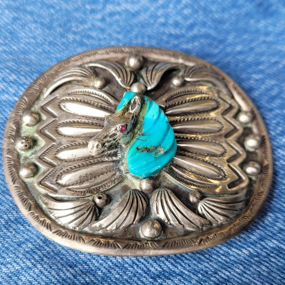 Sterling Silver and Turquoise Horse Head Belt Buckle by artist Johnny Blue Jay